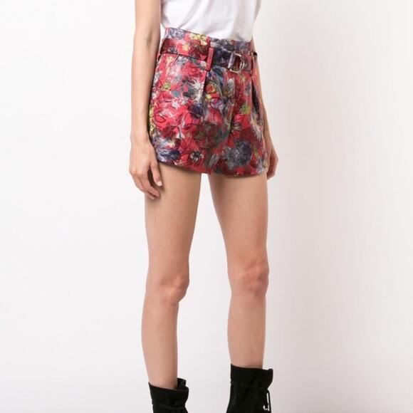 IRO Floral Belted Brocade Jacquard High-Rise Shorts Red/Multi Size 38 (6) Luxury - Picture 2 of 13